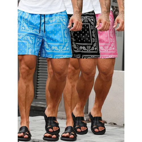 Men's 3 PCS Loose Baggy Drawstring Waistband Casual Printed Beach Cargo Shorts, Menswear Asymmetrical Drawstring Shorts Set, Ideal for Summer Vacation & Daily Wear, Asymmetrical Shorts Set
