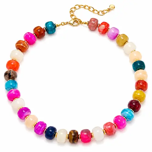 Women's Handmade Beaded Necklace - Long Boho-Style Resin Beads Mix, Chunky Golden-Tone Chain, Beachy Boho Vibe, Lightweight Wear, Minimalist Modern Statement Costume Jewelry Accessory, Chunky Necklaces, Fashionable Jewelry Accessories