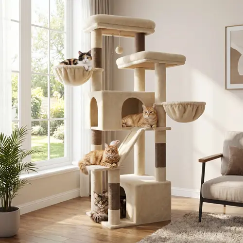 DESKAT 69-Inch Heavy Duty Multi-Level Cat Tree - 2 Large Condos, Dual Floating Hammocks, 2 Oversized Perches for Big Cats, Vertical Scratcher Alternative