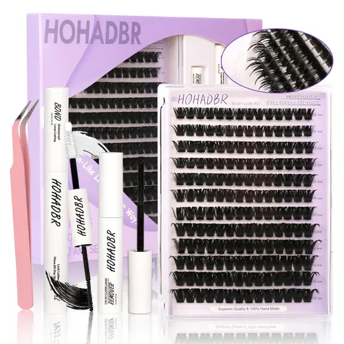 HOHADBR Lash Extension Kit with Soft Wispy Lash Clusters, Long-Lasting Wear for Beginners, Complete DIY Set with Glue, Remover & Tweezer, Beauty Products, Eyelash Glue Extension, Diy Lash Tools