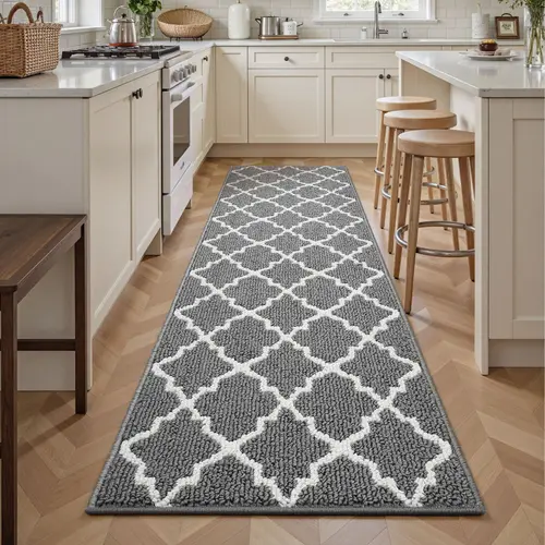 FAMVAL Modern Machine-Washable Runner Rug, Non-Slip Dirt-Trapping Rubber Backing Durable Floor Mat, Wrinkle-Resistant Anti-Shrink Carpet for Entryway Hallway, Light Gray