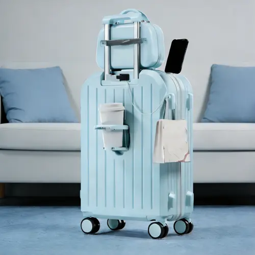 20-inch Classic Carry On Luggage Set - 2-Piece ABS+PC Hardshell, Elegant Durable Compact Travel Suitcases with Handbag, USB Port, Cabin Size Blue, Back to School Use