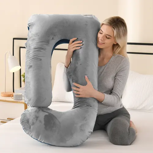 AmoridAge 41-In Maternity J-Shaped Knit Pillow for Pregnant Women, Soft Velvet Full Body Support, Breathable Lumbar Pillow for Side Sleeping, Removable Machine Wash Cover, Stress Relief, All-Season Maternity Supplies, Polyester, All Seasons,sohochic