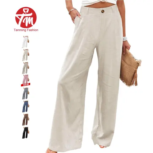 Tanming Womens Cotton Linen Pants Casual Button Up High Waisted Wide Leg Trousers