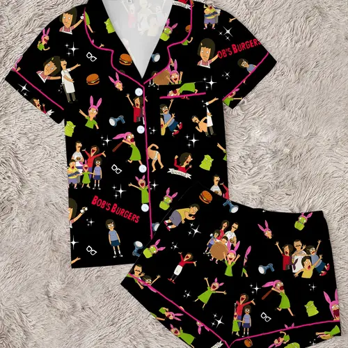 Bobs Burgers Family Cute Burger Print Lapel Short Sleeve Shorts Pajama Set, Womenswear Pyjamas Comfortable Casual Loungewear Outerwear Party Gift Home Wear, Nightwear, Pjs, Homewear Pajamas