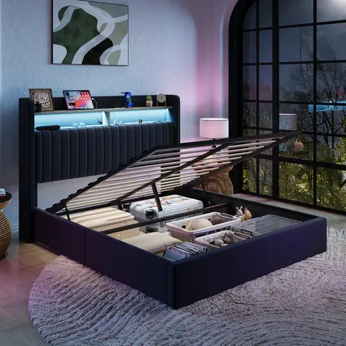 SHA CERLIN LED Storage Bed Frame, Charging Shelves Headboard with Led Light Platform Bed Frame, No Box Spring Needed, Wood Slats Support, Full/Queen/King Size, Queen Bed Frame, Bed Frame For Queen, sohochic