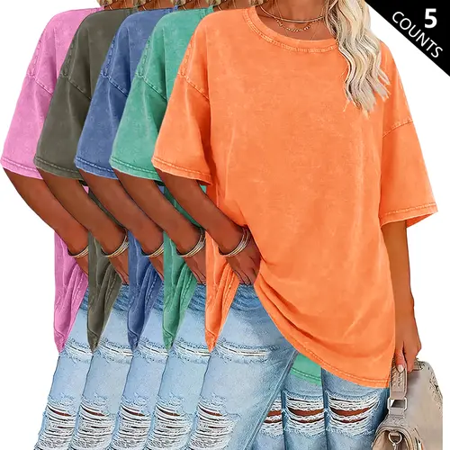 Women’s 5-Pack Washed Cotton Vintage Crew Neck Short Sleeve T-Shirts - 230 g/m² Thick Pure Cotton Top, Comfortable Streetwear, High-Quality Casual Basic Clothes for Women, Retro Summer Style