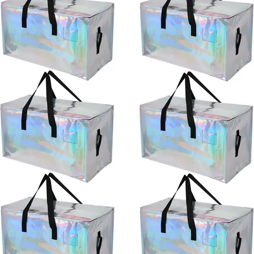 STOWM 6-Pack Collapsible Heavy Duty Extra Large Storage Carrying Bags Set, Moving Supplies with Handles & Zippers, Waterproof Totes for Storage & Travel (Laser Silver)