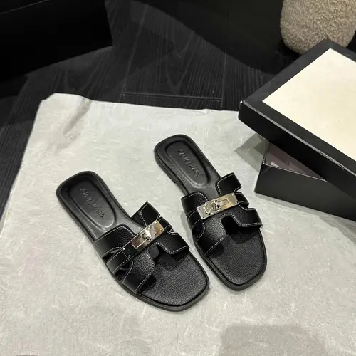 ReneChristine Women's Square Toe Flat Slide Sandals - Metallic Buckle Design, 4 Classic Colors, Rubber Sole Walking Shoe Footwear for Summer Casual Daily Wear, Walking Shoes,back to school,back to school haul,sohochic