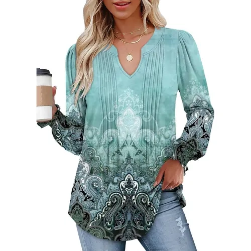 Onlypuff Ladies' Soft Long Sleeve Spandex Casual Shirts, Pleated V-Neck Dressy Fall Tunic Tops for Leggings (S-3XL) - Long Sleeve Tops Women Light Fashion Apparel