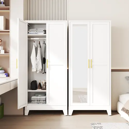 71-Inch Tall Metal Armoire Wardrobe Closet with Mirror, Adjustable Shelves, Clothes Drying Pole, Steel Wardrobe Cabinet for Bedroom