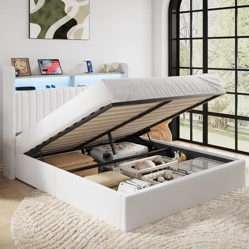 SHA CERLIN Modern Wingback Lift-Up Storage Platform Bed Frame with Charging Outlet Shelves, LED Light Headboard, Wood Slats Support, No Box Spring Needed (Full, Queen, King Sizes), Modern Platform Bed, Wingback Platform Bed, sohochic