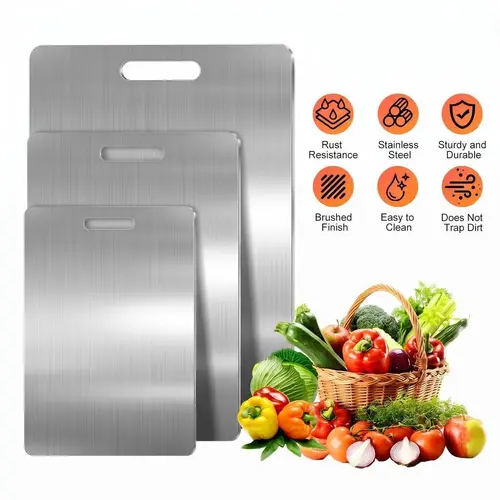 3-Piece Stainless Steel Cutting Board Set (S+M+L) - Food-Grade Non-Toxic Chopping Boards for Meat & Vegetables, Ultrathin Sturdy Rust-Resistant Edge-Smoothed Kitchen Accessories for Home Daily Prep, Portable Easy to Clean