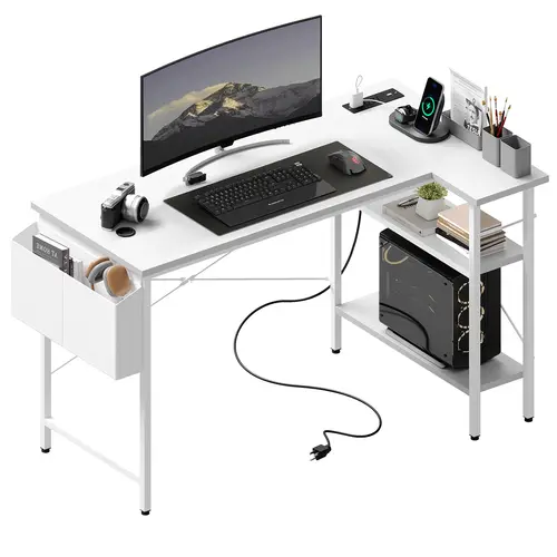 39 Inch Gaming Computer Desk with Power Outlet, Reversible Storage Shelves for Home Office Gamer Desk Functional Table, Gaming Stuff, Desks For Gaming