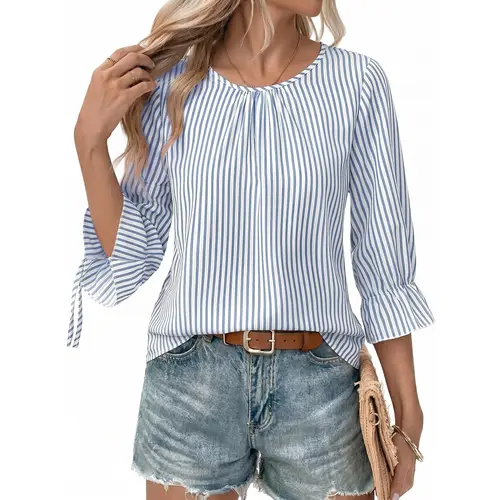 Shewin Women's Striped Pullover Blouse - Lady's Scoop Neck Top with 3/4 Tie Flare Sleeves, Back Buttons, Long Sleeve Option, for Daily OOTD Ideas | Women's Tops and Blouses, Shirts,sohochic