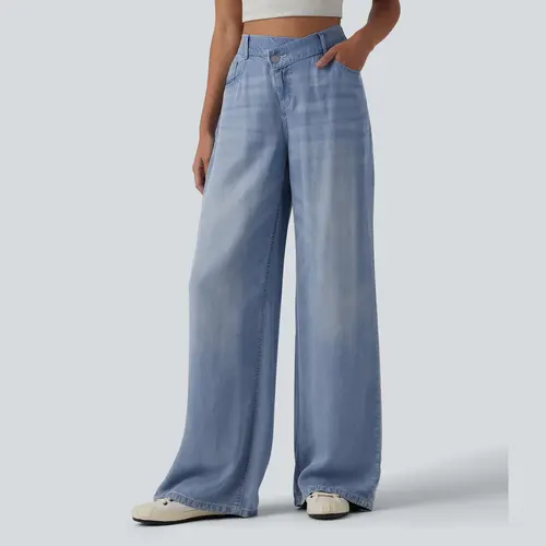 Halara Asymmetric Mid Rise Draped Wide Leg Casual Jeans with Pockets #BackToSchool