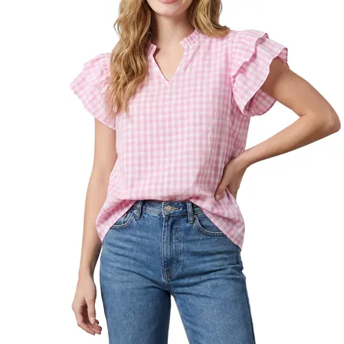 Shewin Women's V-Neck Short Sleeve Plaid Woven Cotton Fabric Tops - Breathable Ruffle Details, Everyday Casual Wear () DealsForYouDays,summerwins,summeroutfits,vacationoutfits,beachoutfits Shirts Shortsleeve,back to school,back to school shopping,sohochic