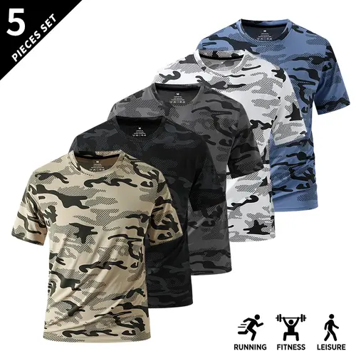 Teenage Boys' Clothing 5-Pack Camo Print Shirts - Crew Neck, Short-Sleeve, Stretch, Breathable Casual Mens' Tops for Fitness, Outdoor Everyday Wear, Camo Print Shirt