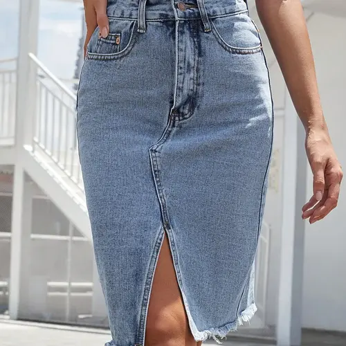 Elegant Casual Women's Summer Slim Fit Denim Skirt, Slit Hem Skirt, Frayed Hem Split Design, Perfect for Daily Wear, Stylish and Comfortable, High Waist Skirts, Casual Fashion Skirt