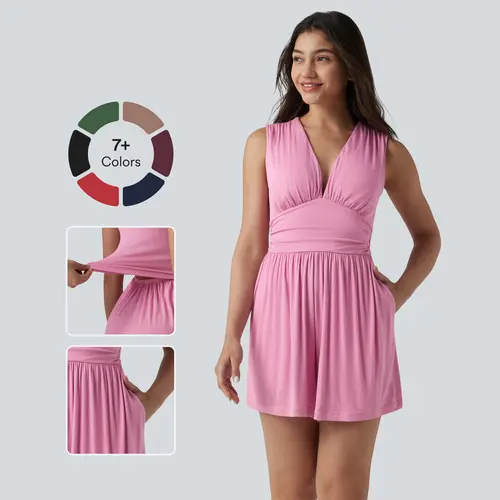 【Creator’s Pick】Halara Ribbed V-neck Sleeveless Ruched Built-in Bra Casual Romper with Pockets-Easy Peezy #BackToSchool
