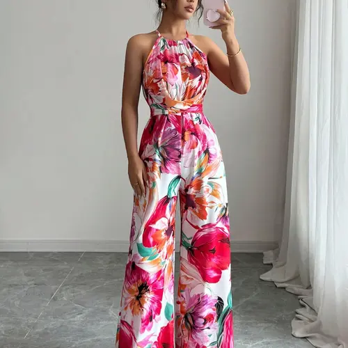 Elegant Bohemian Style Women's Sleeveless Chic Floral Romper, Ruched Waist Strapless Jumpsuit, Printed Fabric Halter Neck, Perfect for Vacation and Daily Wear, Boho Print Jumpsuit