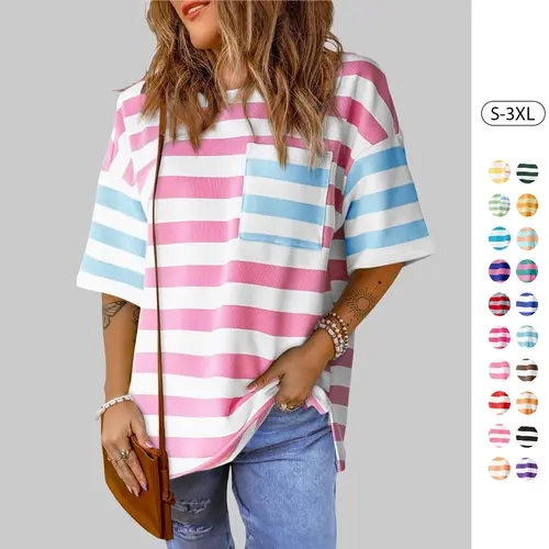 Tankaneo Womens Oversized Color Block Striped Tshirts Summer Casual Short Sleeve Tops Loose Fit Crew Neck Shirts