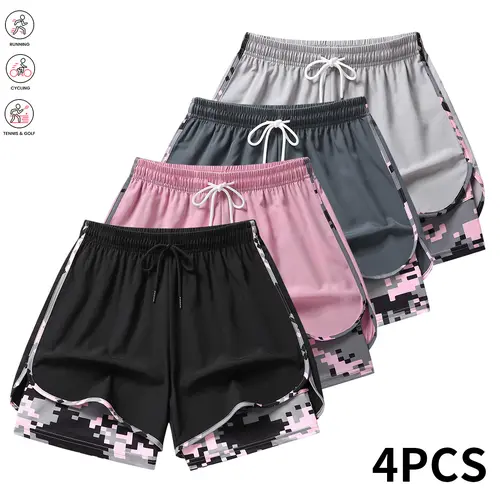 Women's Casual Elastic Drawstring Fit Activewear Shorts (Pack of 4) with Built-in Liner, Suitable for Gym, Outdoor Sports, Casual Wear, Sports Clothes