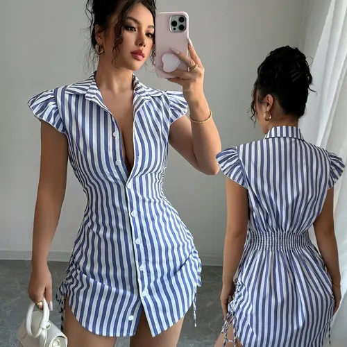 Elegant Vacation Striped Side Cinched Multi-Layer Sleeve Shirt Dress, Butterfly Sleeve Blouse, Women's Fashion Casual Wear, Womenswear, Casual Dresses, Sundress