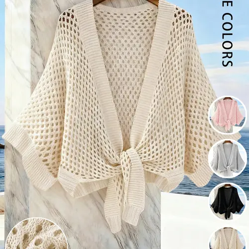 Women's V-Neck Hollow-Out Short Cardigan, Breathable Outerwear, Casual Fitted Knitwear for Spring & Summer, Tops