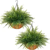 2 Pcs Low-Maintenance Artificial Hanging Fern Plant Set, Outdoor UV-Resistant Faux Ferns with Flower Basket, Hanging Baskets Included for Patio Garden Home Decor,sohochic