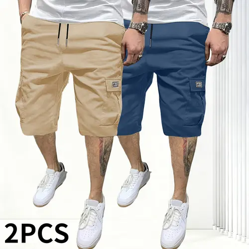 Men’s 2-Pack Sporty Chic Active Cargo Shorts, Letter Patches, Flap Pockets, Drawstring Waist, Loose Fit - 4-Way Stretch Knee-Length Shorts for Sports, Workouts