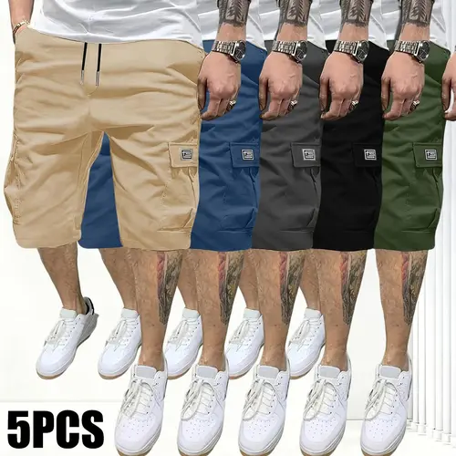 Men’s 5-Piece Oversized Baggy Cargo Shorts Set - Menswear Activewear, Adjustable Drawstring Mid-Waist, Casual Chic Woven, Multi-Pocket, 4-Way Stretch, Cold Wash, Fit for Camping&Hiking, Father's Day Gifts, Straight Cut, Summer Loose Jorts, Baggy Cargo Men