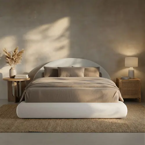 RECCI AirFrame Half-Moon Modern Minimalist Queen Upholstered Bed Frame - Indoor Bedroom Furniture, Low Platform Bed, Soft Curved Arched Base, Fully Cushioned Headboard, No Box Spring Needed, Queen Bed Frame,dorm essentials,home decor,sohochic