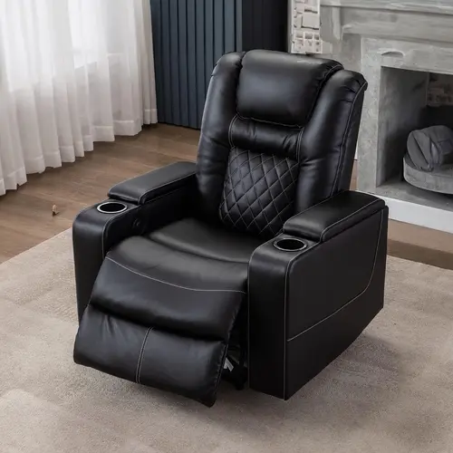 【summergarden】Ebello Power Electric Recliner Chair with USB Ports and Cup Holders Leather Home Theater Seating, Living Room Chair Black Lounge Chaise High Back Reclining