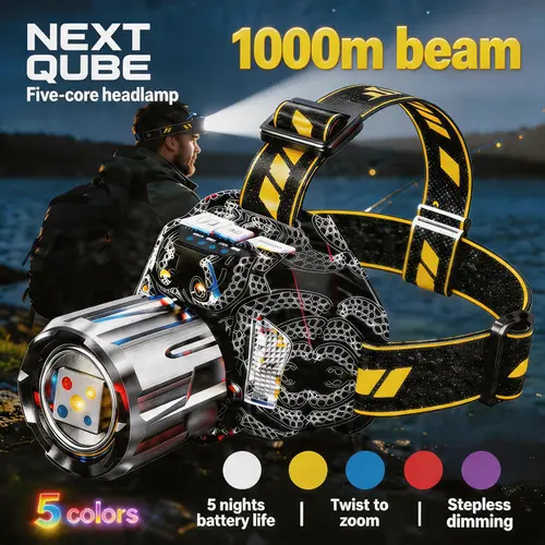 5-Color Rechargeable Headlamp, Long-Range LED Head Light with White, Yellow, Blue, Red & UV Light Modes, Adjustable Headband for Camping, Hiking, Fishing & Hunting