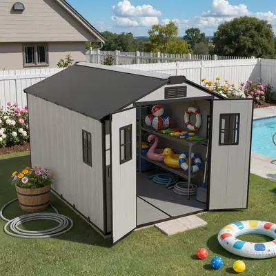 【SohoChic Sale】OVIOS 8' x 12' Resin Outdoor Storage Shed with Floor, Weather-Resistant Garden Shed with Windows & Ventilation for Lawn Mower, Bikes, Garden Tools & Pool Supplies, Gray