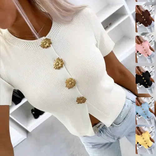 Women's Summer Casual & Elegant Cozy Knit Top, Casual Fashion Knitwear, Knitting, Womenswear, Round Neck Short Sleeve, Metal Button, Perfect for Dating and Daily Wear, Knitwear