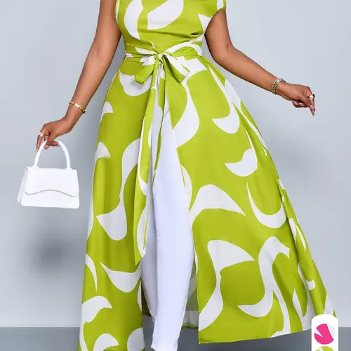Plus Size Women's Elegant Chic Fashionable Geometric Pattern Print Dress, Spring & Summer Casual Sleeveless Shirt Dress, Slim Fit Split Design, Printed Slit Dress, Womenswear, Casual Fashion Dresses