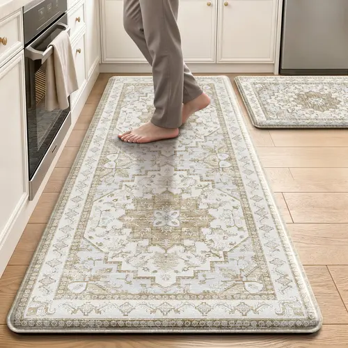 Tyrot 2-Piece Anti-Fatigue Kitchen Rug Set - Waterproof, Non-Slip Cushioned PVC Floor Mats (17.3"x47"+17.3"x28") for Sink, Indoor Kitchen & Room Decor