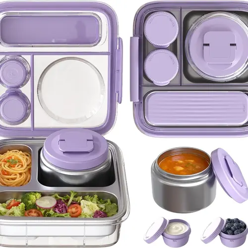 【Back To School】Durable Portable Modern Stainless Steel Bento Lunch Box with 8oz Vacuum Seal Silicone-Insulated Food Jar, Leakproof Tableware Container, Transparent Lid, Sauce Cup, Cutlery Storage, BPA-Free, Dishwasher-Safe for Kids’ School