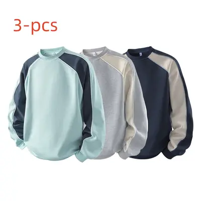 Men’s color-block patchwork crewneck long-sleeve casual sweatshirt, fashionable streetwear brand; men’s spring loose-fit long-sleeve sweatshirt with a structured split design, suitable for everyday wear. #fathersdaygift #SummerWins