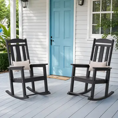 Outdoor Rocking Chair, Patio Rocking Chairs with High Back and Armrest, All Weather Oversized Porch Rocking Chairs 400 lbs Support, Black Rocking Chair with Headrest Footrest for Porch Backyard Garden,outdoorfurnitureset