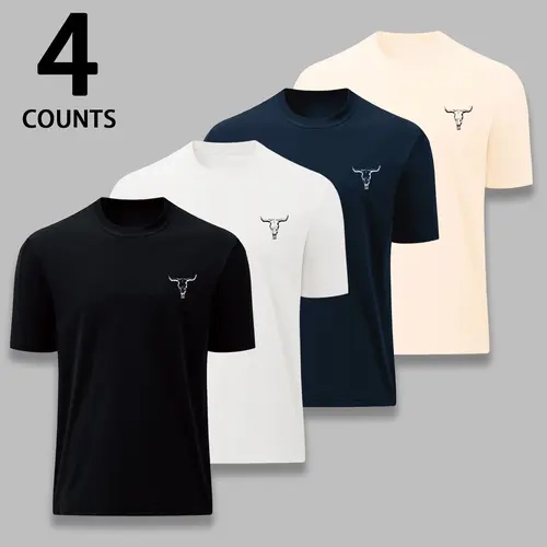 Men's 4-Piece Round Neck Short-Sleeve T-Shirt Set, Menswear Simple Printed Casual Tops, Breathable Fabric Basic Tees, Suitable for Daily Wear & Sports, Black Printed Breathable Fabric Men's Short-Sleeve T-Shirts, Shortsleeve, Black Printed Men's Short-Sle