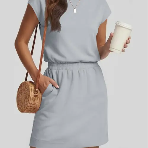 Fisoew Women’s Casual Crewneck T-Shirt Dress – Loose Fit Short Sleeve Mini Dress with Pockets | Summer Basic Lounge Outfit SummerVibes (S-2XL)