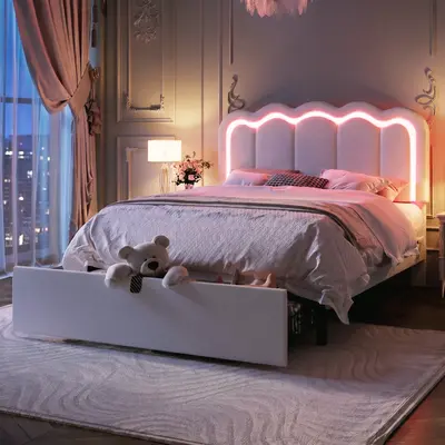 HOOMIC Twin/Full/Queen Size Velvet Platform Bed Frame with LED Lights, Large Storage Drawer, and Adjustable Wavy Headboard – Noise-Free, No Box Spring Needed, Soft White/Pink/Black/White#TikTokShopDealsforYouDays#DealsforYouDays#Summervibes#Summergarden