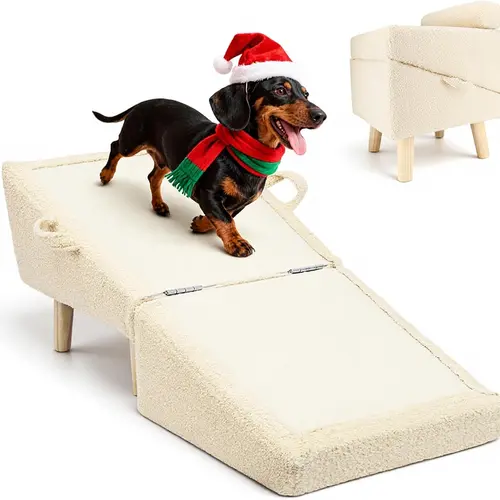 Dog Stairs for Small Dogs and Cats – 2-in-1 Dog Ramp for Couch and Low Bed, 16.5'' Foldable Wooden Pet Ramp, Sturdy Multi-Use Split Ottoman Design, Beige