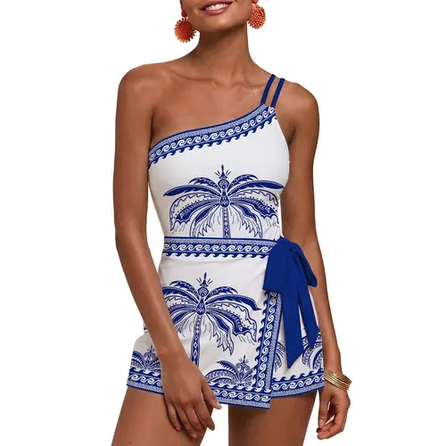 Aleumdr Women's 2-Piece Floral Tankini Swim Dress Set - 1 Shoulder, Adjustable Strap, Waist Tie, Ruched Detail, Tummy Control Beach Wear with Feminine Floral Print Feels for SwimWeek Summer Vacations, 2 Piece Sets