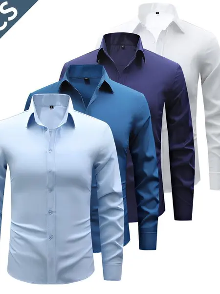 Four solid-color men’s long-sleeve shirts with a notched lapel collar, styled for a classic business formal look. Featuring a pointed notch lapel design that is sharp and well-structured, with delicate button detailing on the front placket. Long sleeves o