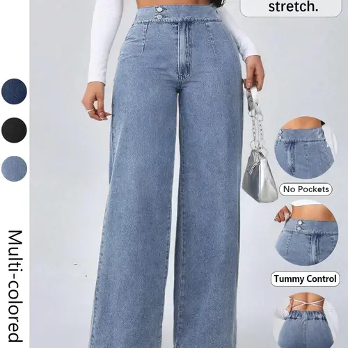 Women's Vintage Elegant High Waist Wide-Leg Light Wash Denim Trouser, Button Front Adjustable Elastic Waist Loose Fit Baggy Jeans, Casual Fashion Pants for All Seasons, Womenswear