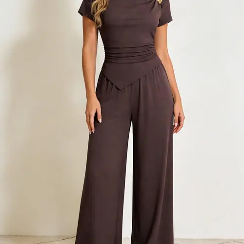 2 Piece Basic Spring Summer Outfit Set Women Clothes | Solid Asymmetrical Neck Ruched Top with Button + Wide Leg Loose Pants | Old Money Quiet Luxury Casual Style for Daily Office Vacation Wear